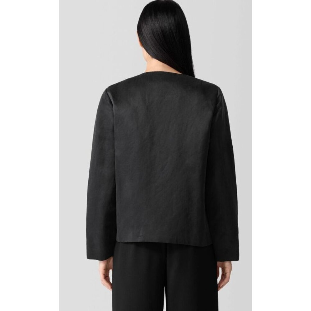 NWT Eileen Fisher Linen Silk Satin Round Neck Jacket Black Sz PM $298 [jb] - Picture 5 of 12